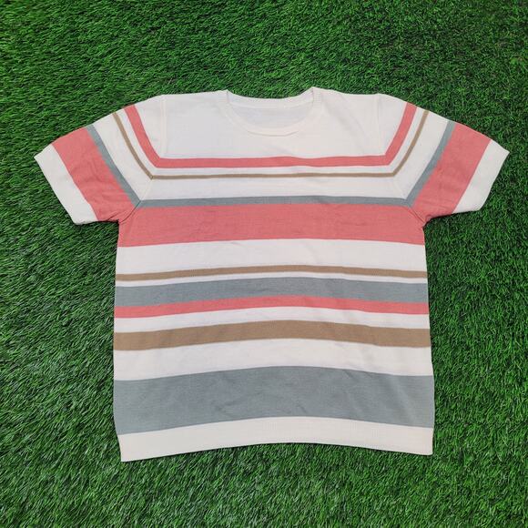VTG 70s Striped Knit Sweater Tee Womens L Retro Preppy USA - Picture 1 of 6